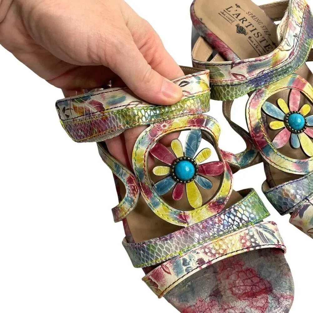 L’Artiste floral block‎ heel slide sandals heels Size 39 turquoise boho artsy